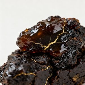 Close-up macro of raw Himalayan Shilajit resin chunks, glossy black-brown, irregular and tar-like, with textured, reflective surfaces on a neutral background.